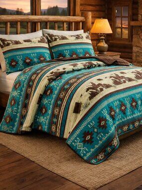 Aztec Southwestern Quilted Luxury Bedspread Set Turquoise Navajo Western Boho